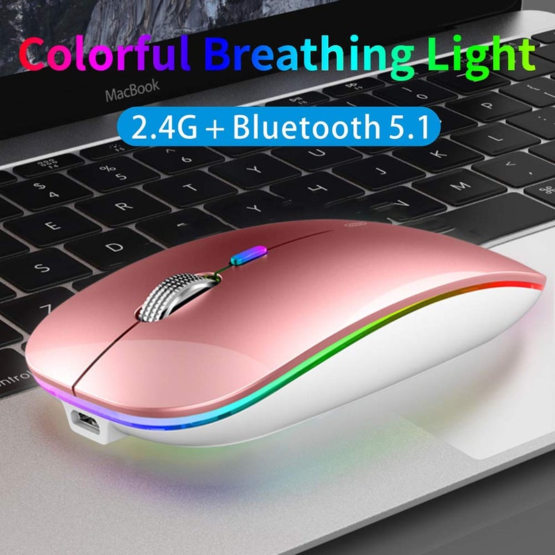 TENMOS Wireless Bluetooth Mouse, LED Slim (BT 5.1 + USB) 2.4GHz Rechargeable Silent Mouse with Type C Adapter for Laptop/MacBook/iPad OS 13 and Above (Rose Gold) - Image 1